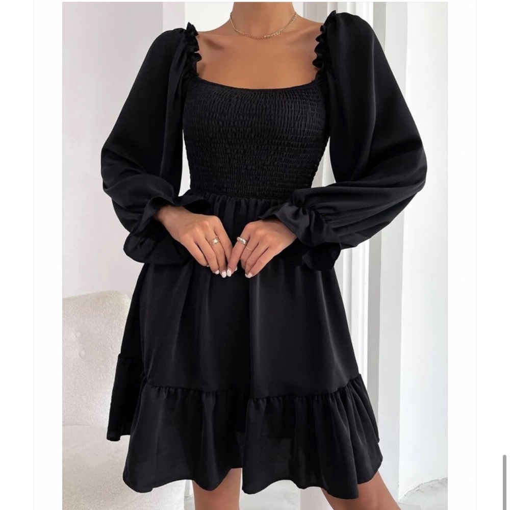 Square Neck Flounce Ruffle Sleeve Dress